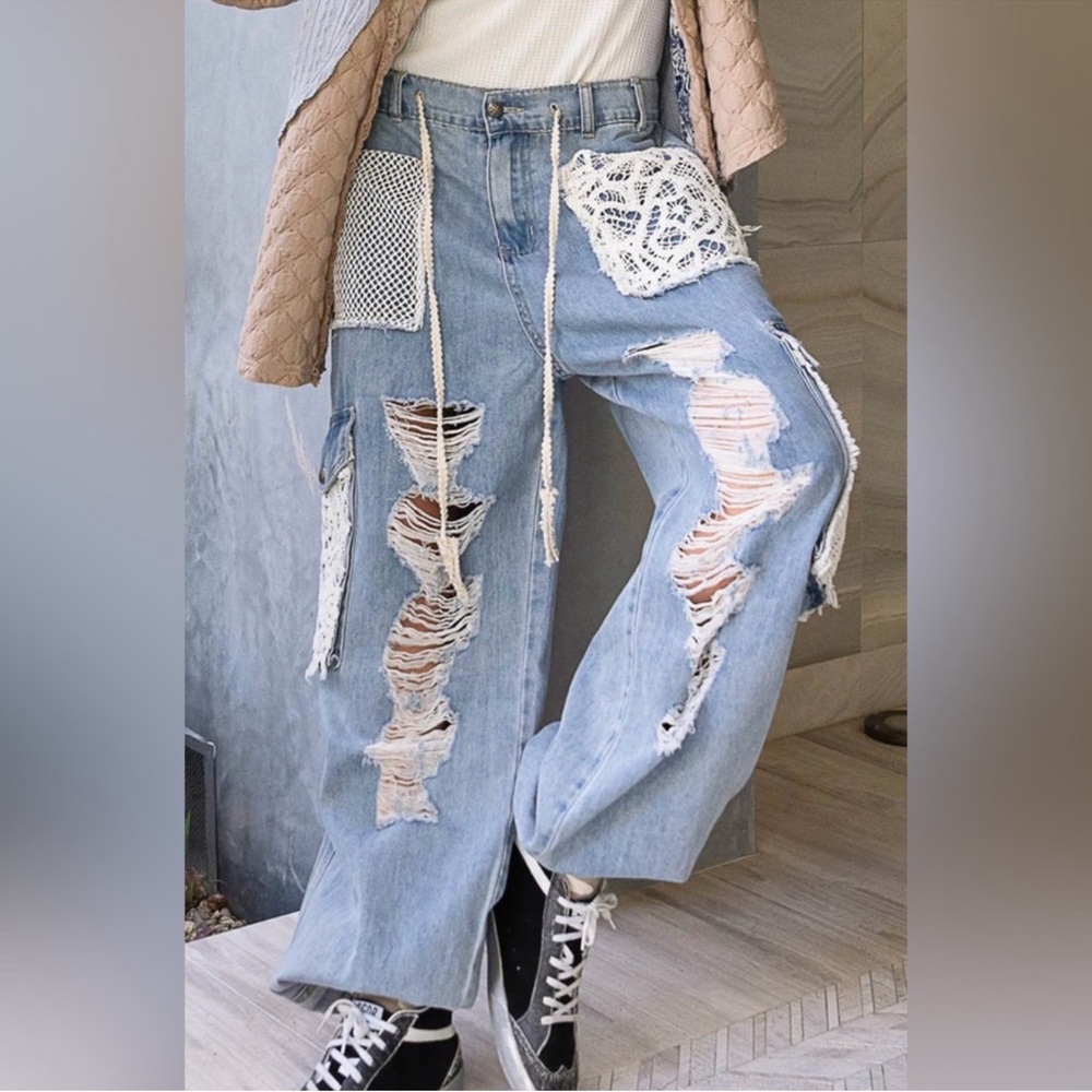POL Light Blue Distressed Patchwork Jeans